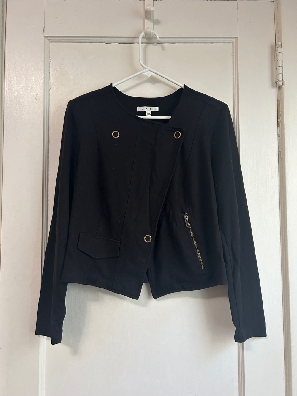 CAbi Black Asymmetric Zip Blazer with Grommet Detail